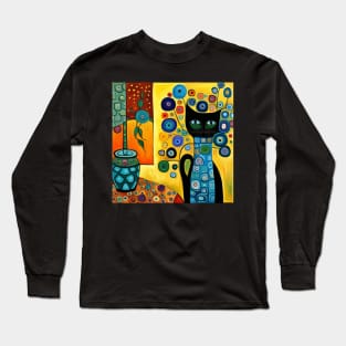 Black Cat in Vase with Cute Abstract Flowers Still Life Painting Long Sleeve T-Shirt